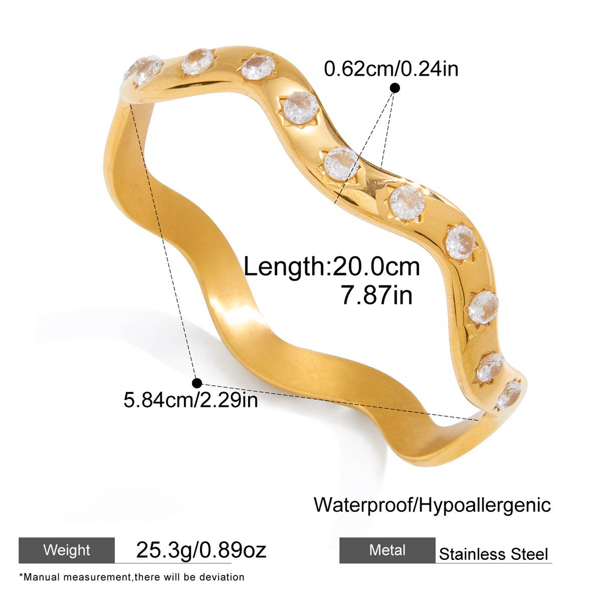 Stainless Steel White Round Cubic Zirconia Sun Wave Bangle