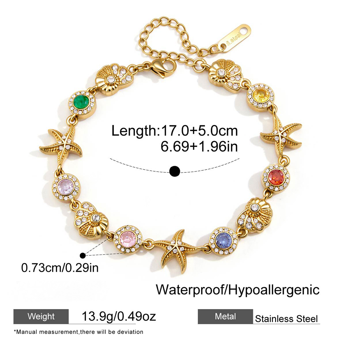 Stainless Steel Rainbow Rhinestone Shell Bracelet