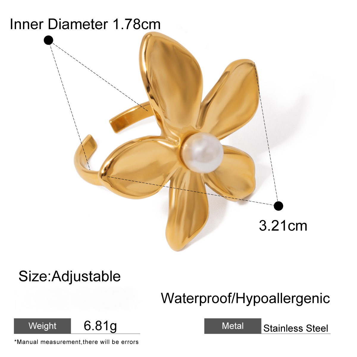 Stainless Steel Exaggerated Flower Pearl Ring