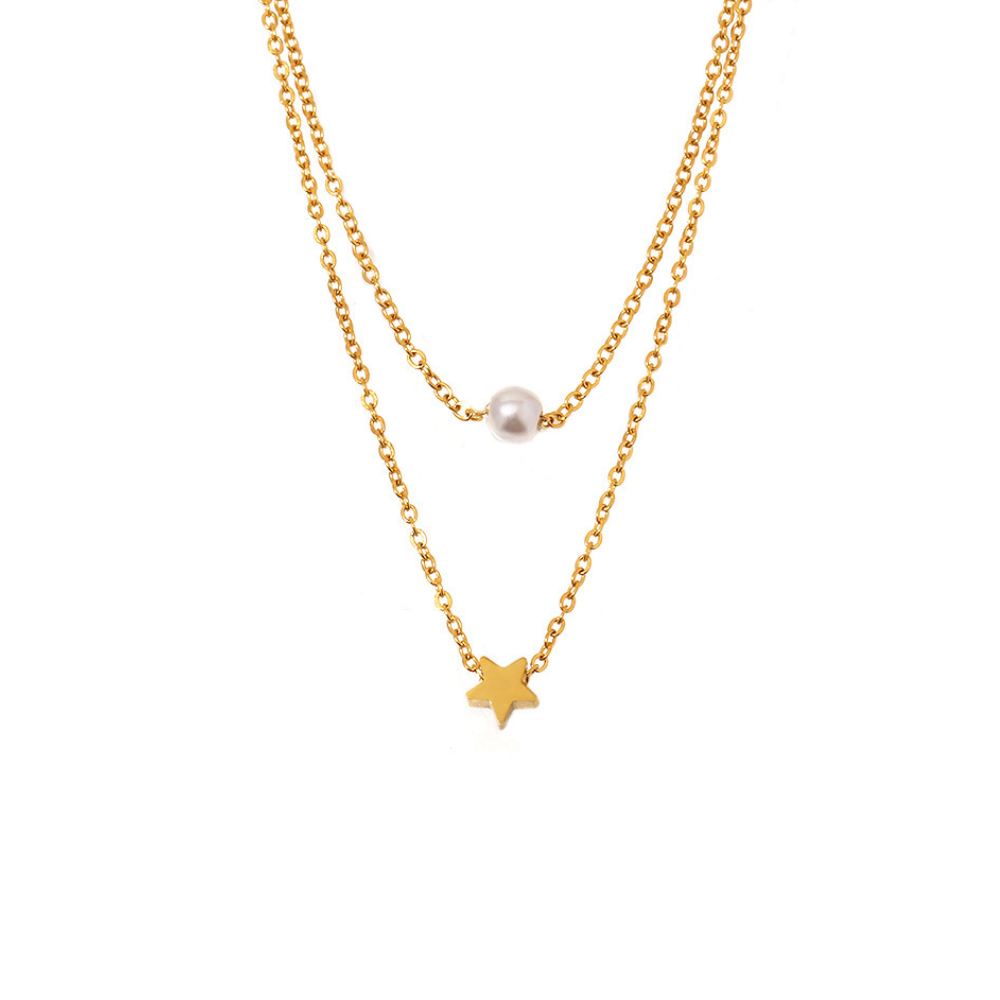 Stainless Steel Star Imitation Pearl Pendant Double Layer Necklace