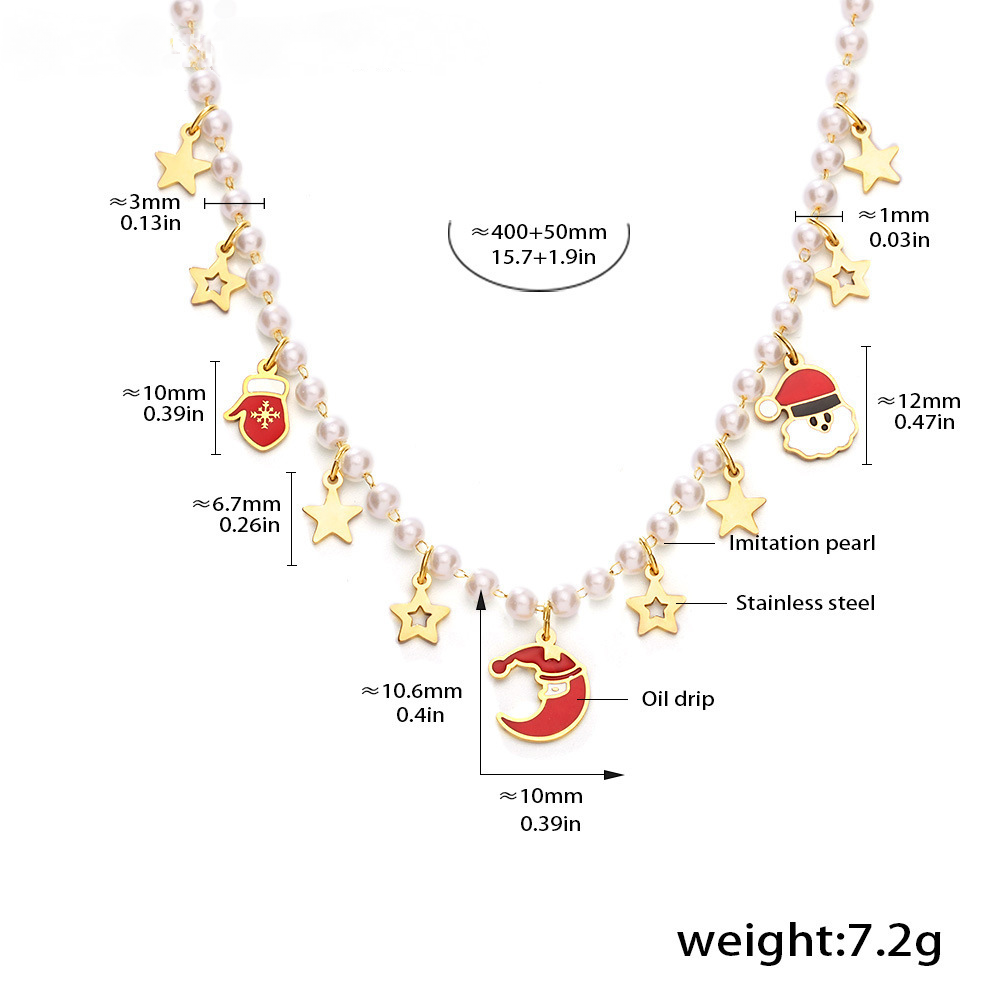 Stainless Steel Enamel Christmas Element Pendant Imitation Pearl Necklace Bracelet Jewelry Suit