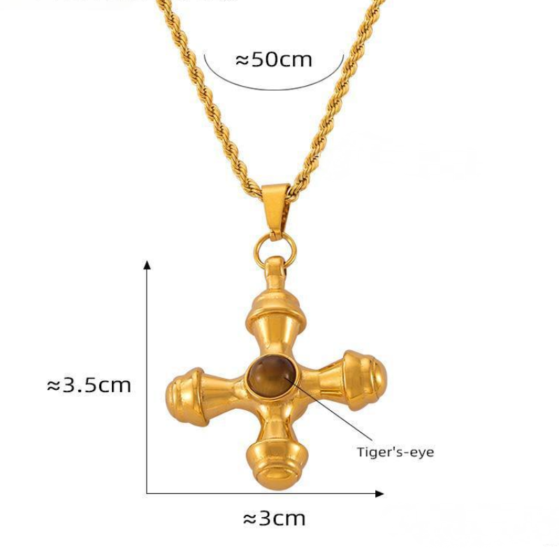 Stainless Steel Cross Inlay Tiger Eye Stone Pendant Necklace
