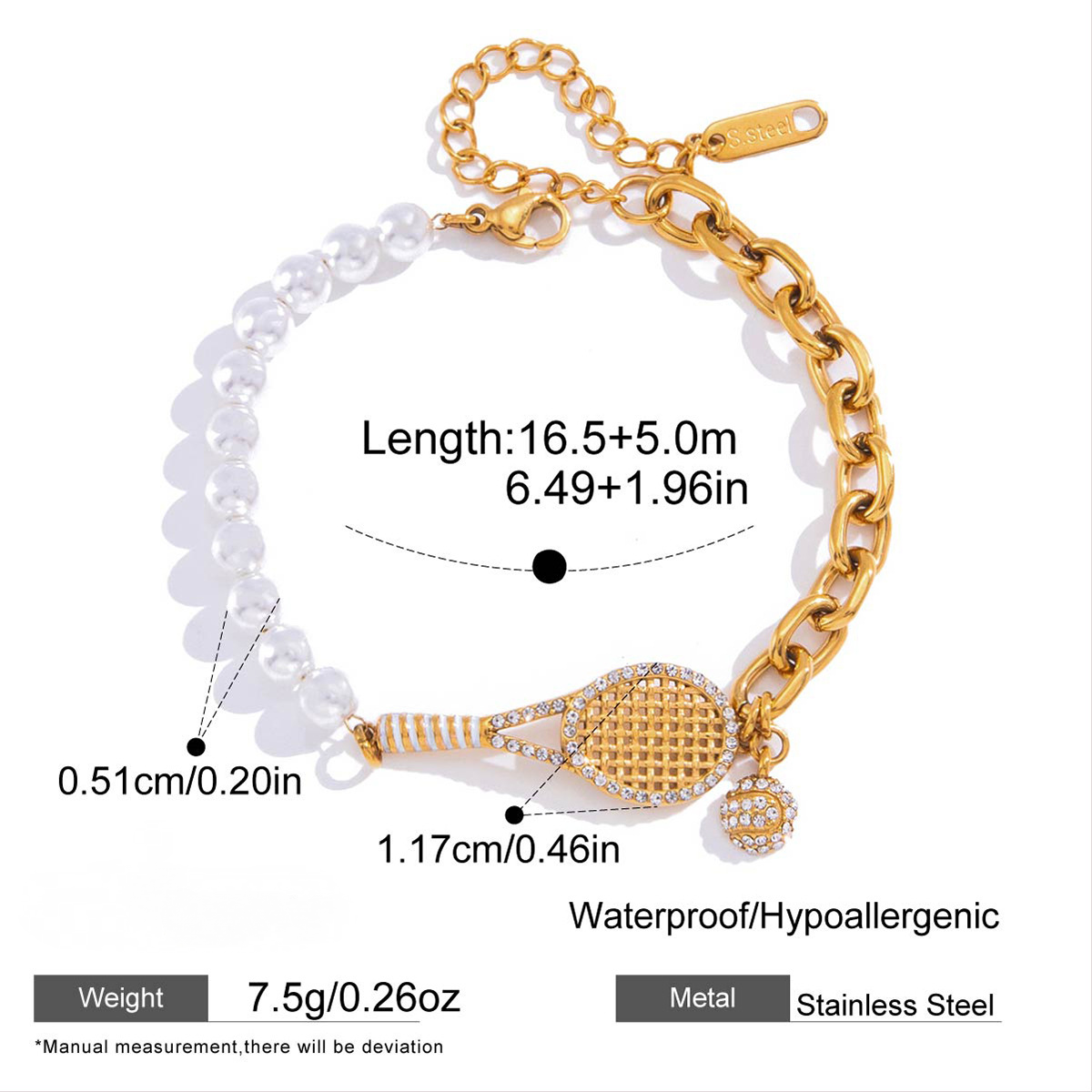 Stainless Steel Tennis Racket Cubic Zirconia Bracelet