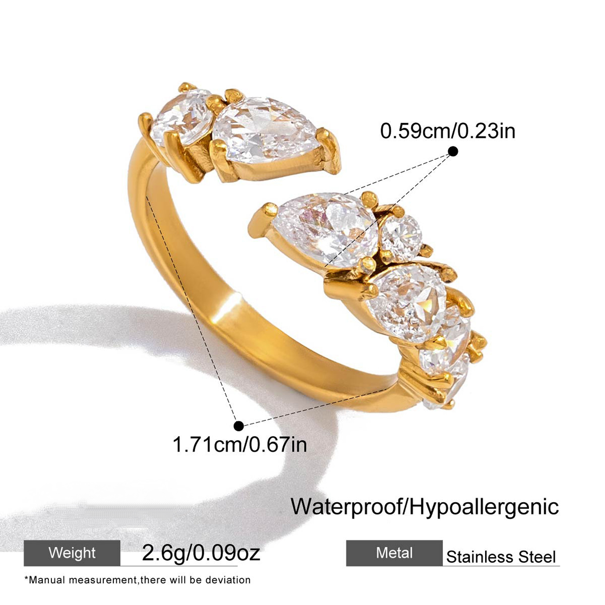 Stainless Steel Geometric Cubic Zirconia Open Ring