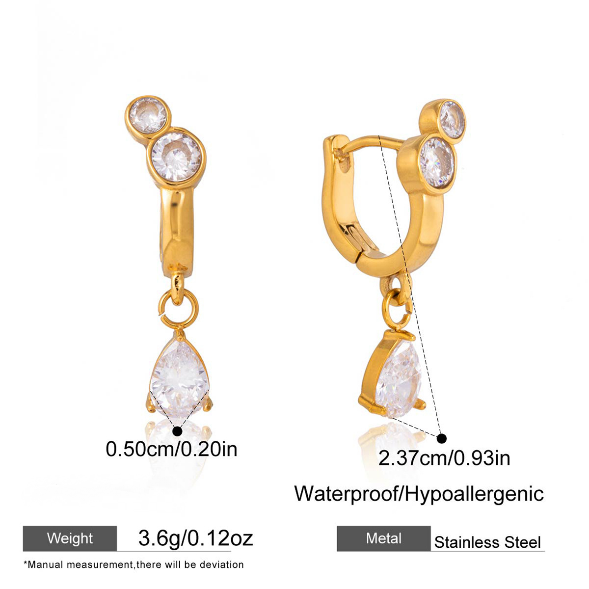 Stainless Steel Water Drop Cubic Zirconia Pendant Hoop Earrings