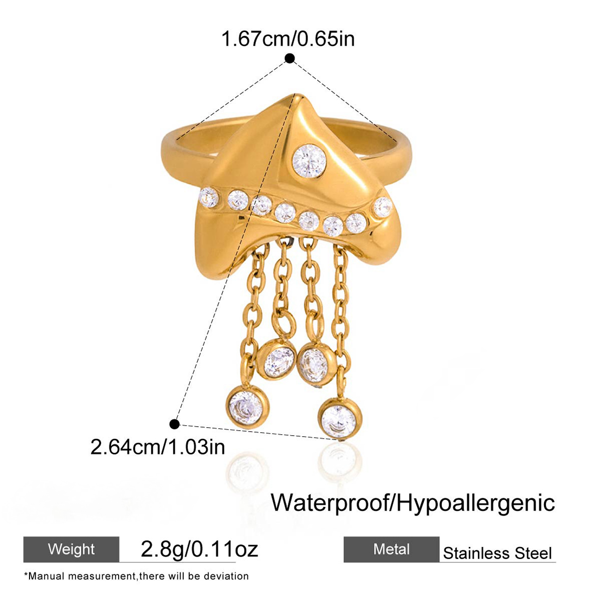 Stainless Steel White Cubic Zirconia Starfish Open Ring