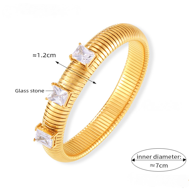 Stainless Steel Glass Stone Textured Bangle Bracelet