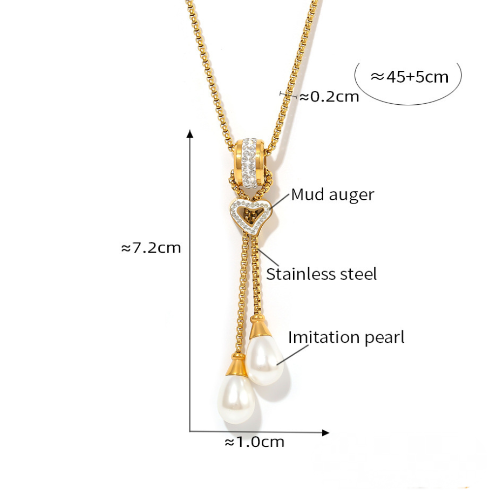 Stainless Steel 18K Gold PVD Heart Tassel Imitation Pearl Pendant Necklace