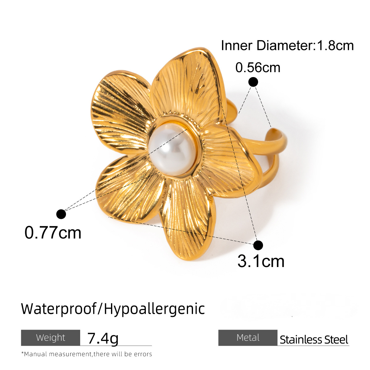 Stainless Steel Exaggerated Flower Pearl Ring