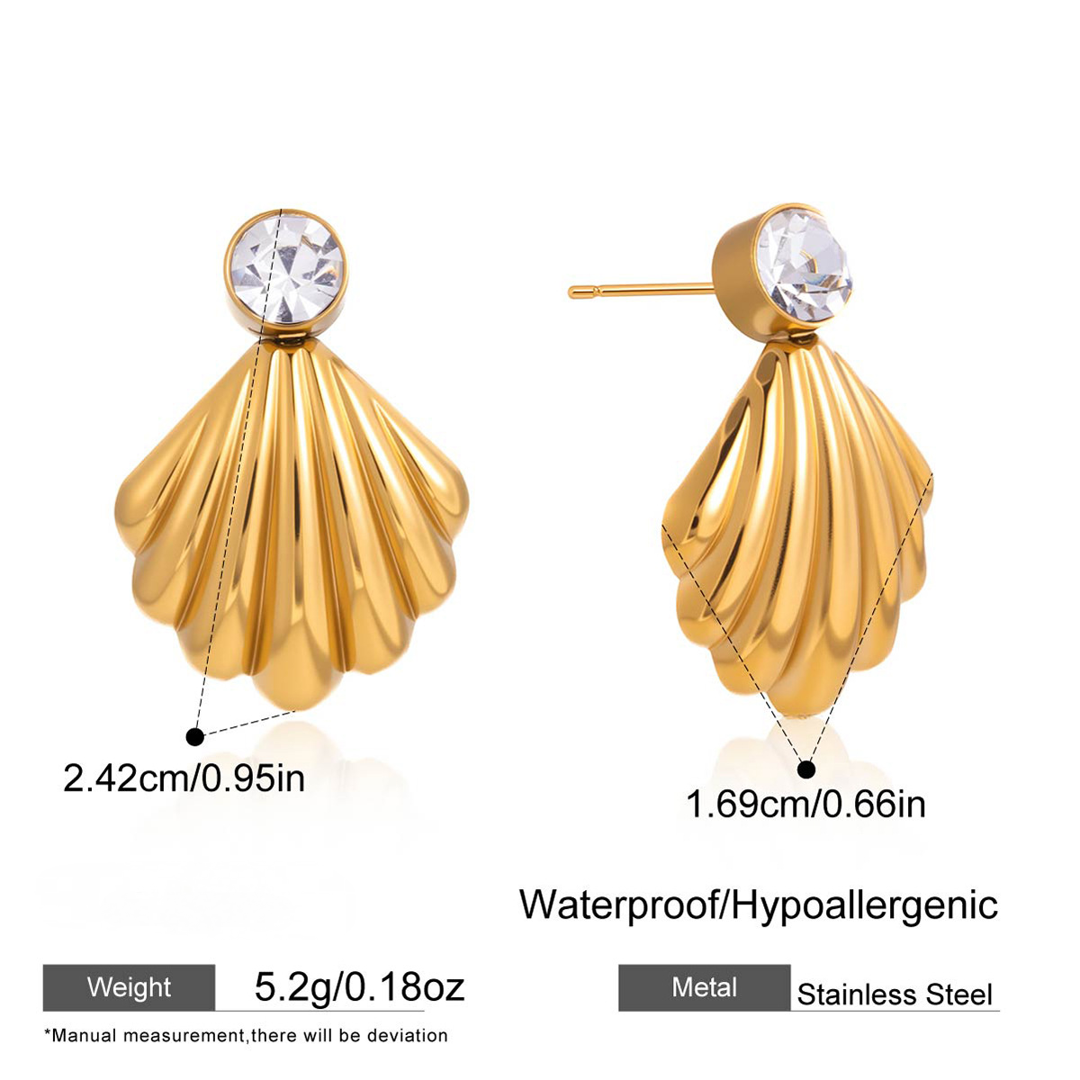 Stainless Steel White CZ Ribbed Fan-shaped Shell Earrings