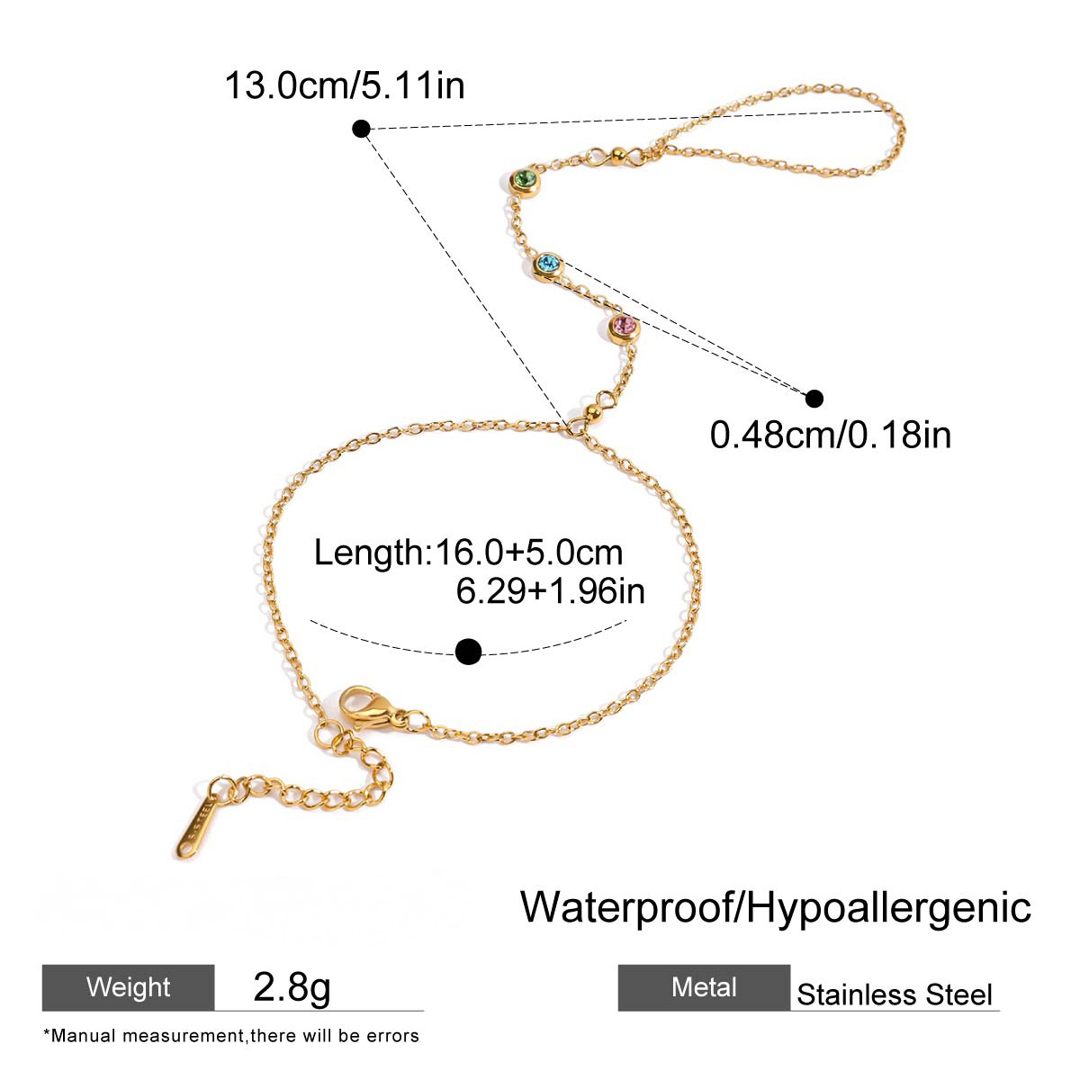 Stainless Steel Rainbow Cubic Zirconia Finger Bracelet