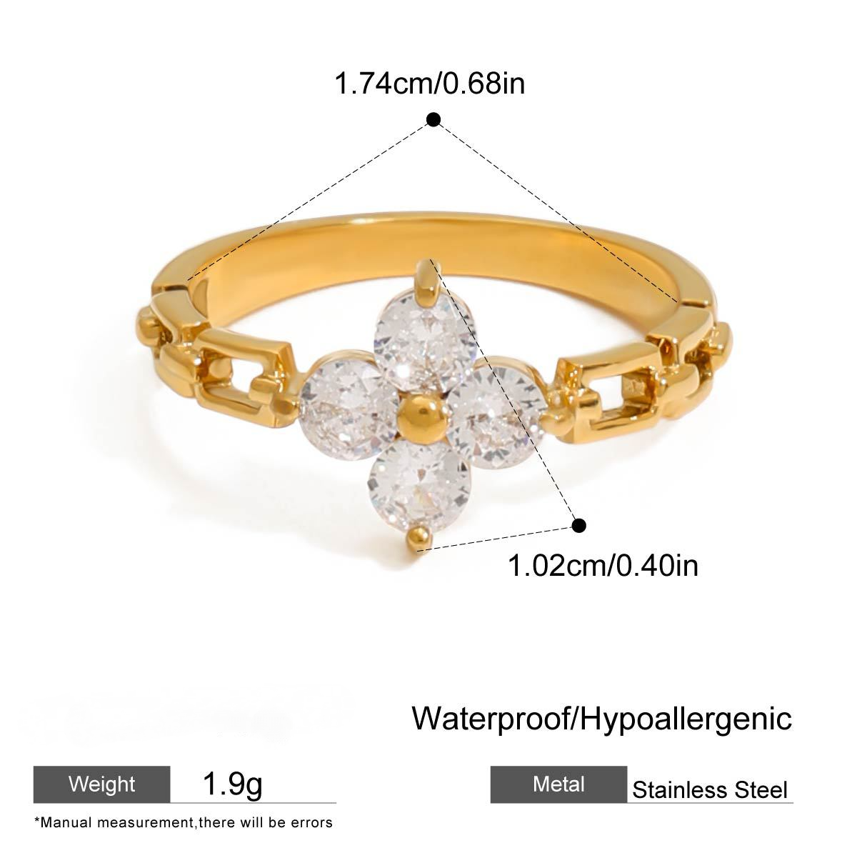 Stainless Steel Four-leaf Clover Cubic Zirconia Ring