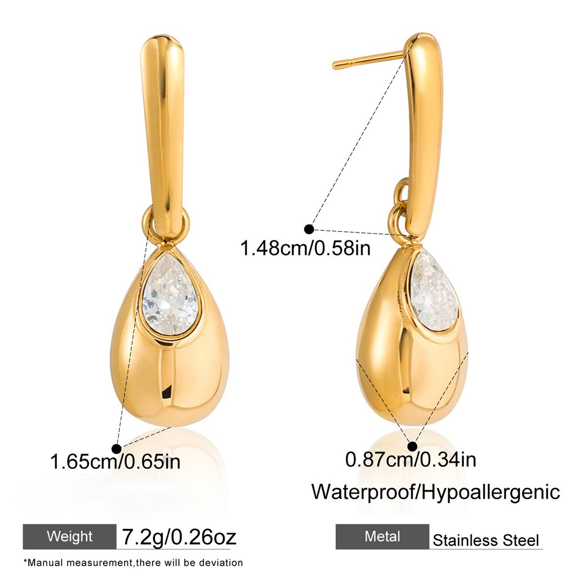 Stainless Steel Water Drop Cubic Zirconia Stud Earrings