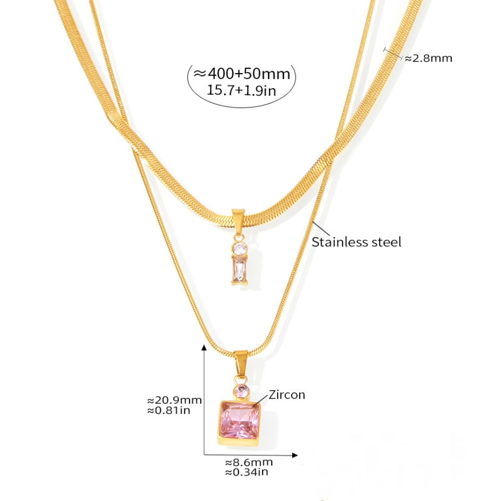 Square CZ Pendant Stainless Steel Snake Chain Necklace