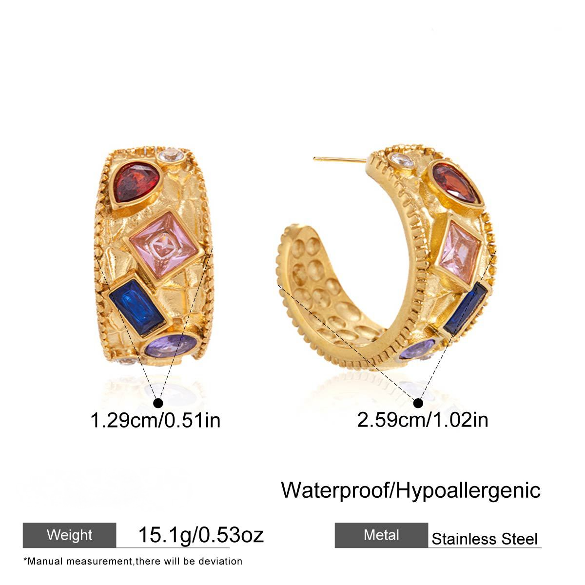 Stainless Steel Rainbow CZ C-shaped Hoop Earrings