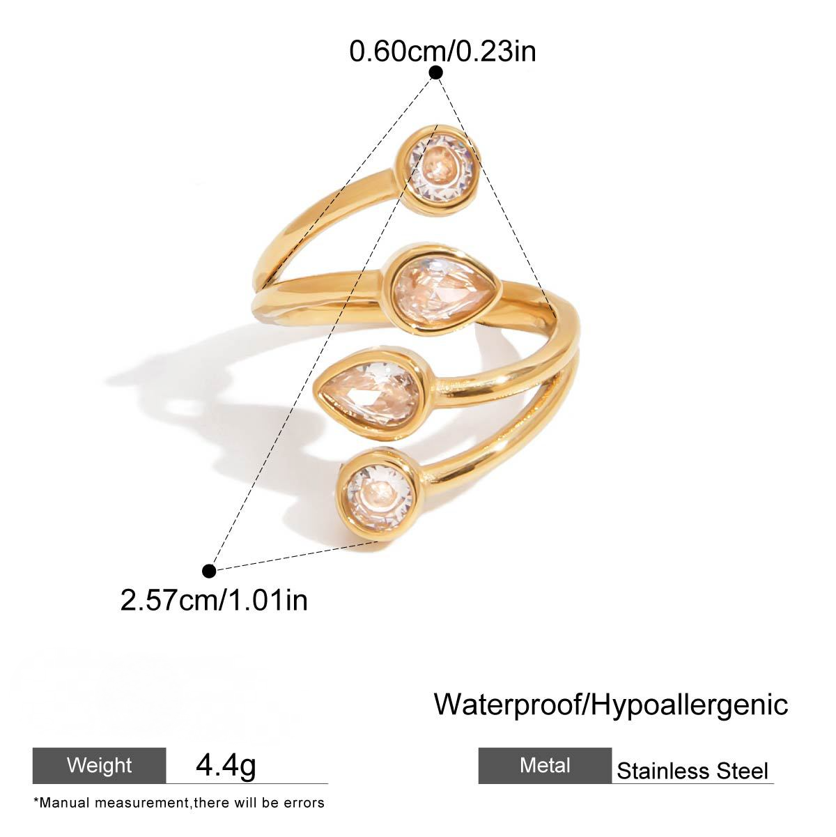 Stainless Steel Heart Water Drop Cubic Zirconia Ring