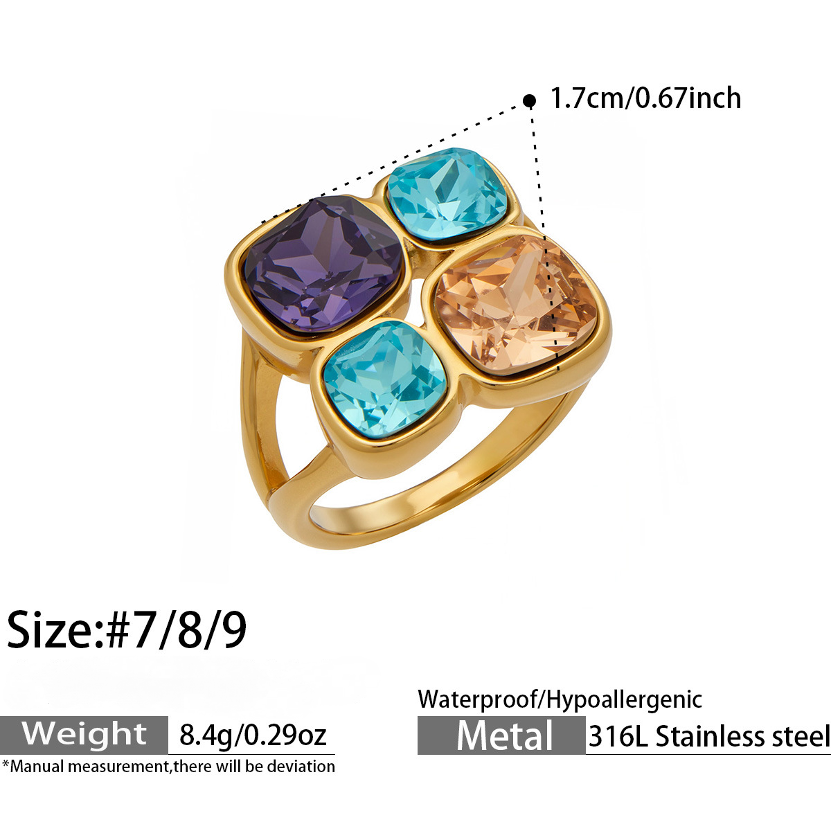 Stainless Steel Colored Glass Stone Ring