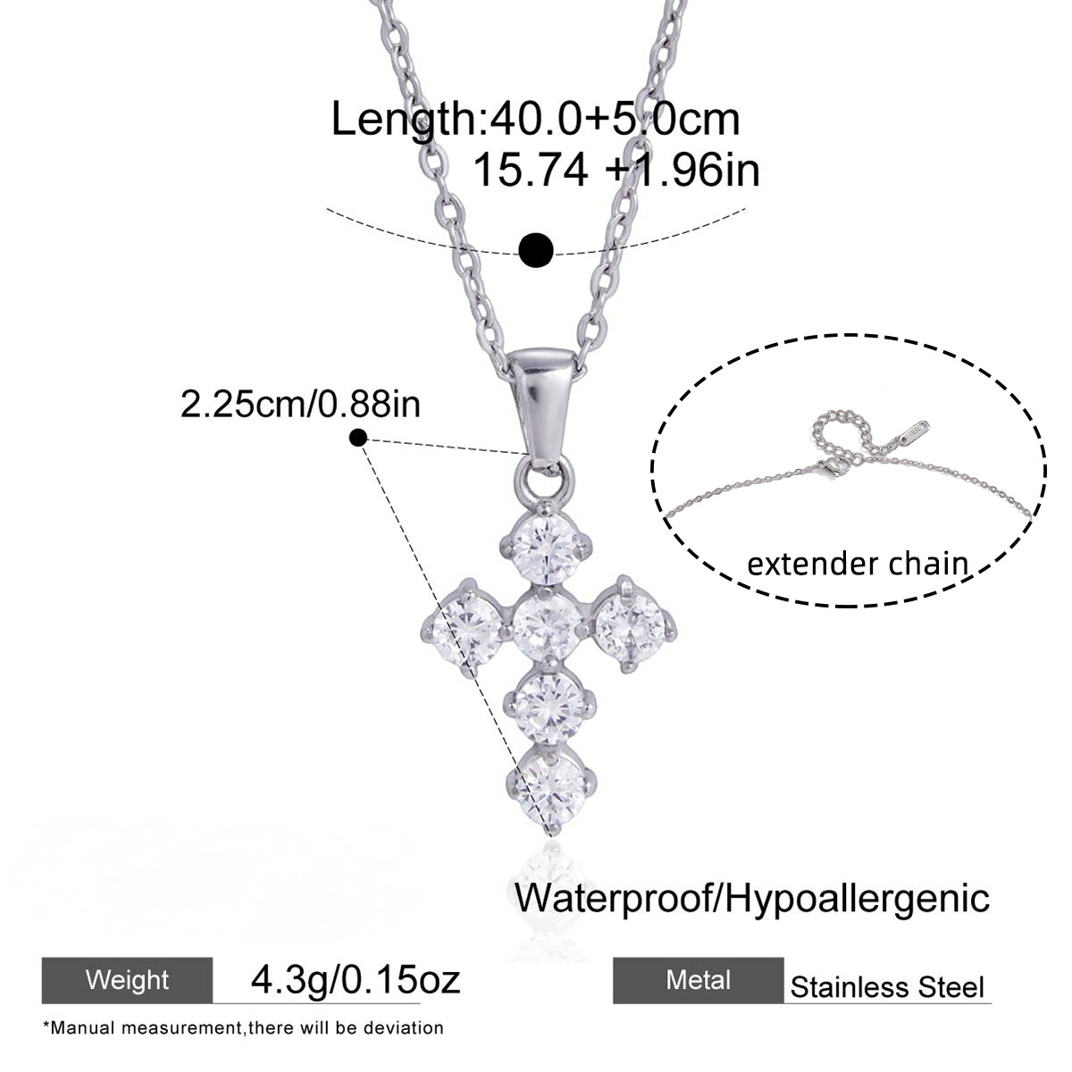 Stainless Steel White CZ Cross Pendant Necklace