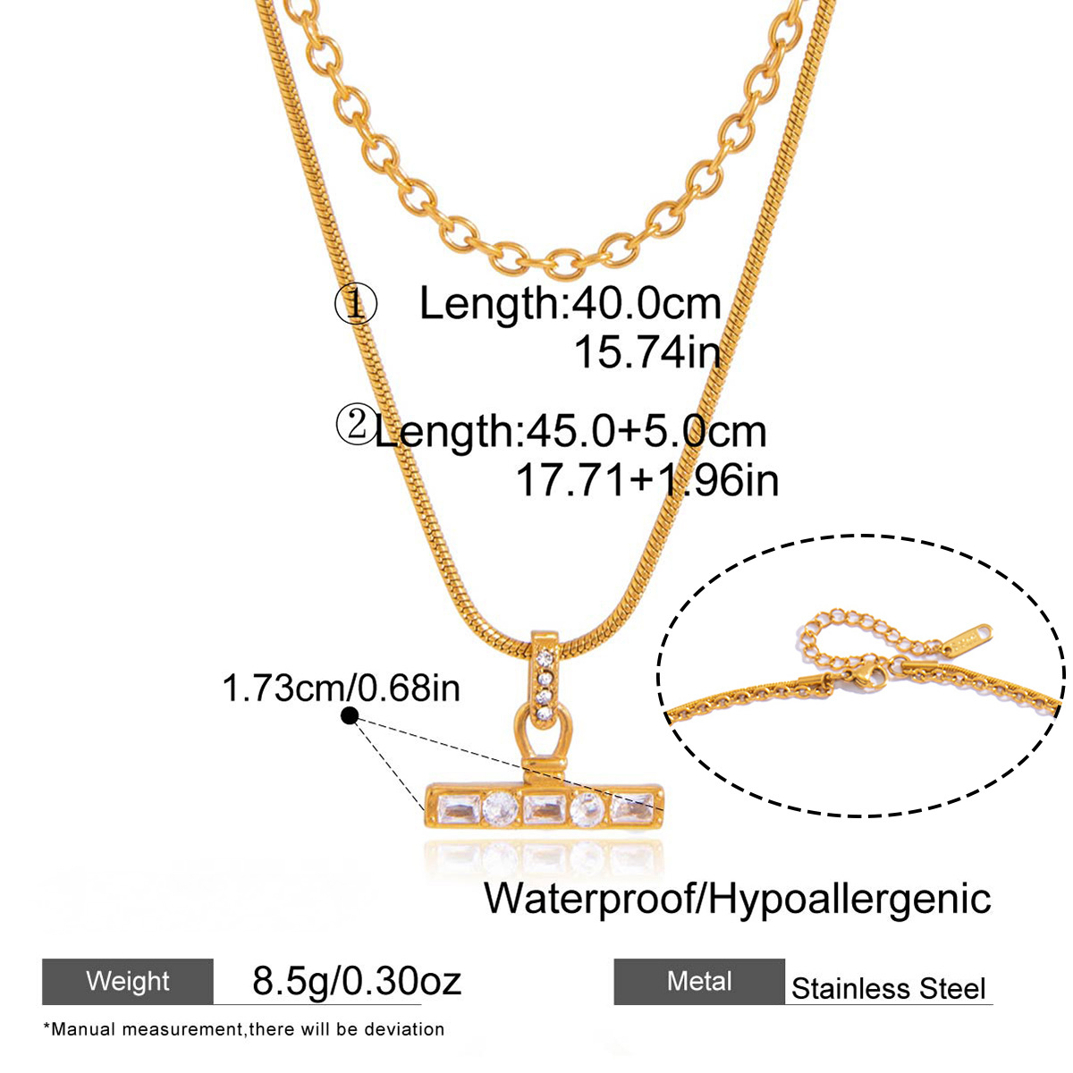 Stainless Steel Double-layer T-bar Pendant Necklace