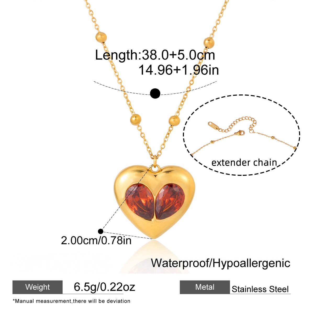 Stainless Steel Red Heart Cubic Zirconia Pendant Necklace