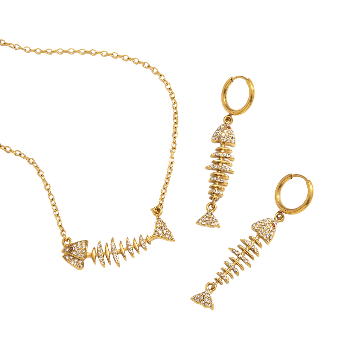 Stainless Steel White Rhinestone Fish Bone Necklace Earrings Jewelry Set