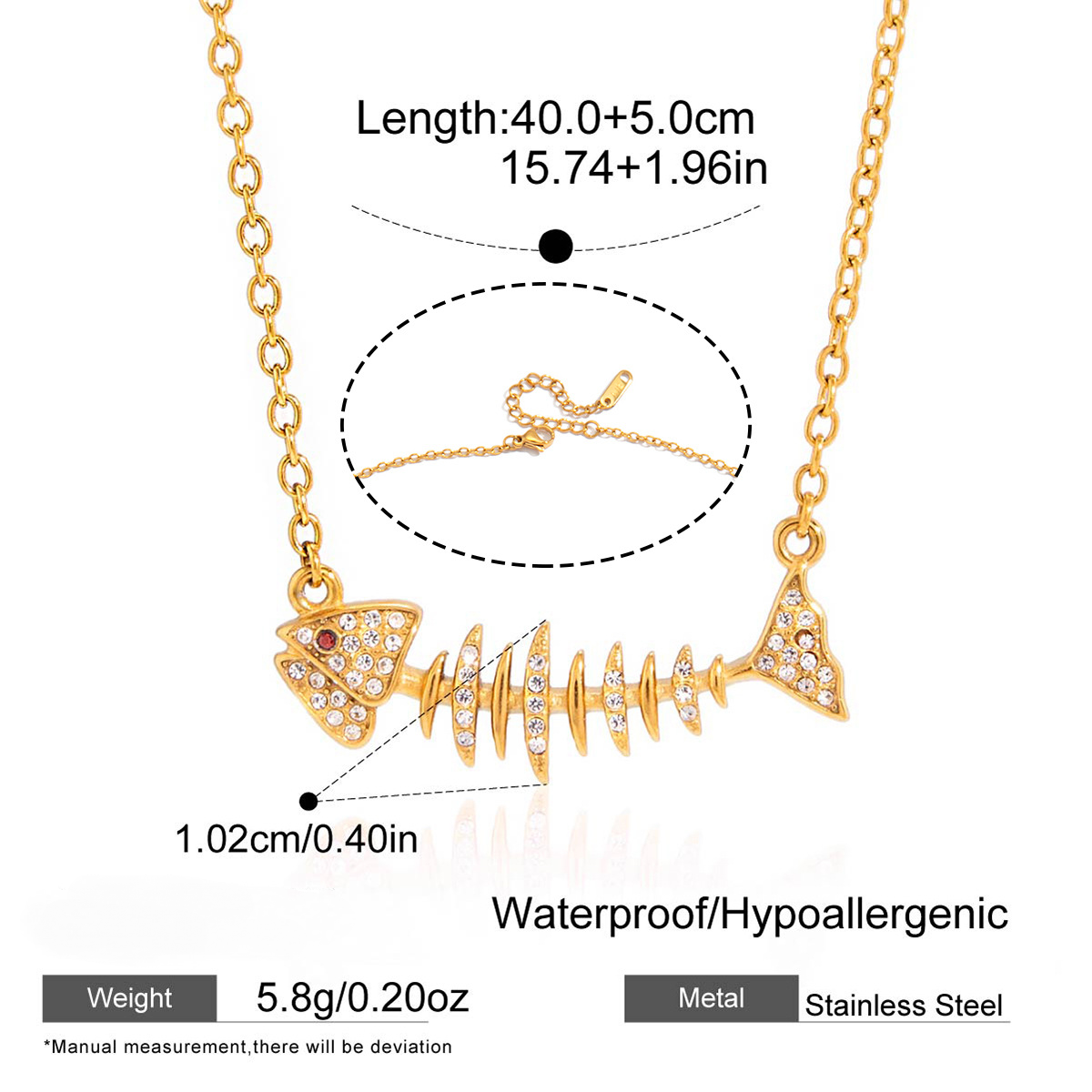 Stainless Steel White Rhinestone Fish Bone Necklace Earrings Jewelry Set