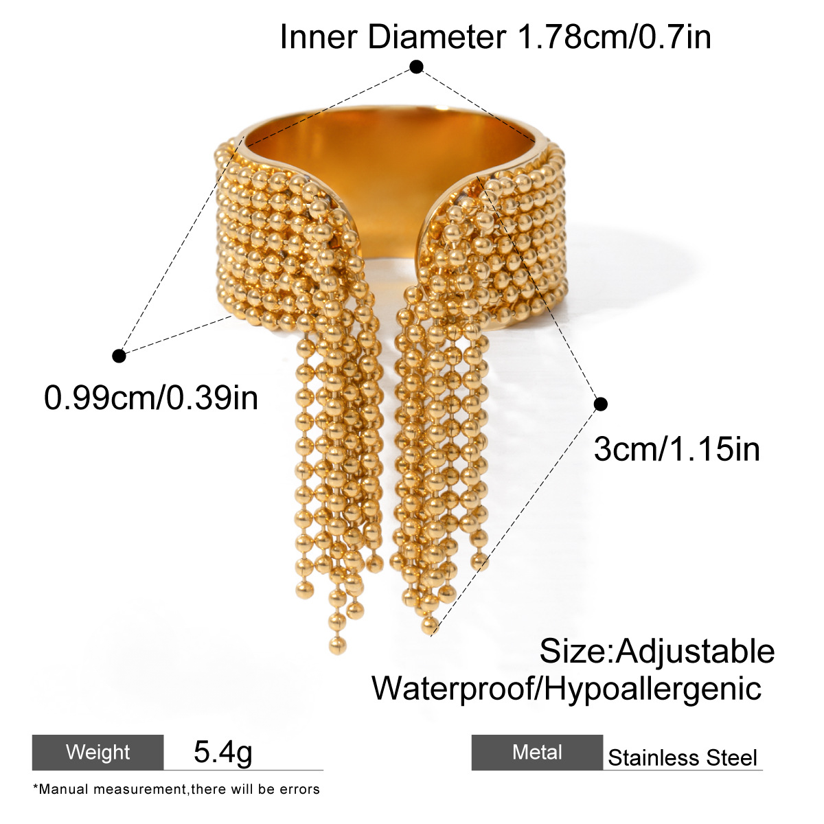 Stainless Steel 18K Gold PVD Tassel Chain Ring