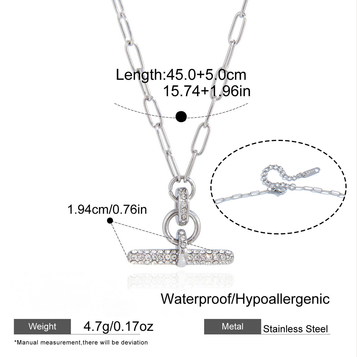 Stainless Steel White Rhinestone T-bar Paperclip Chain Necklace