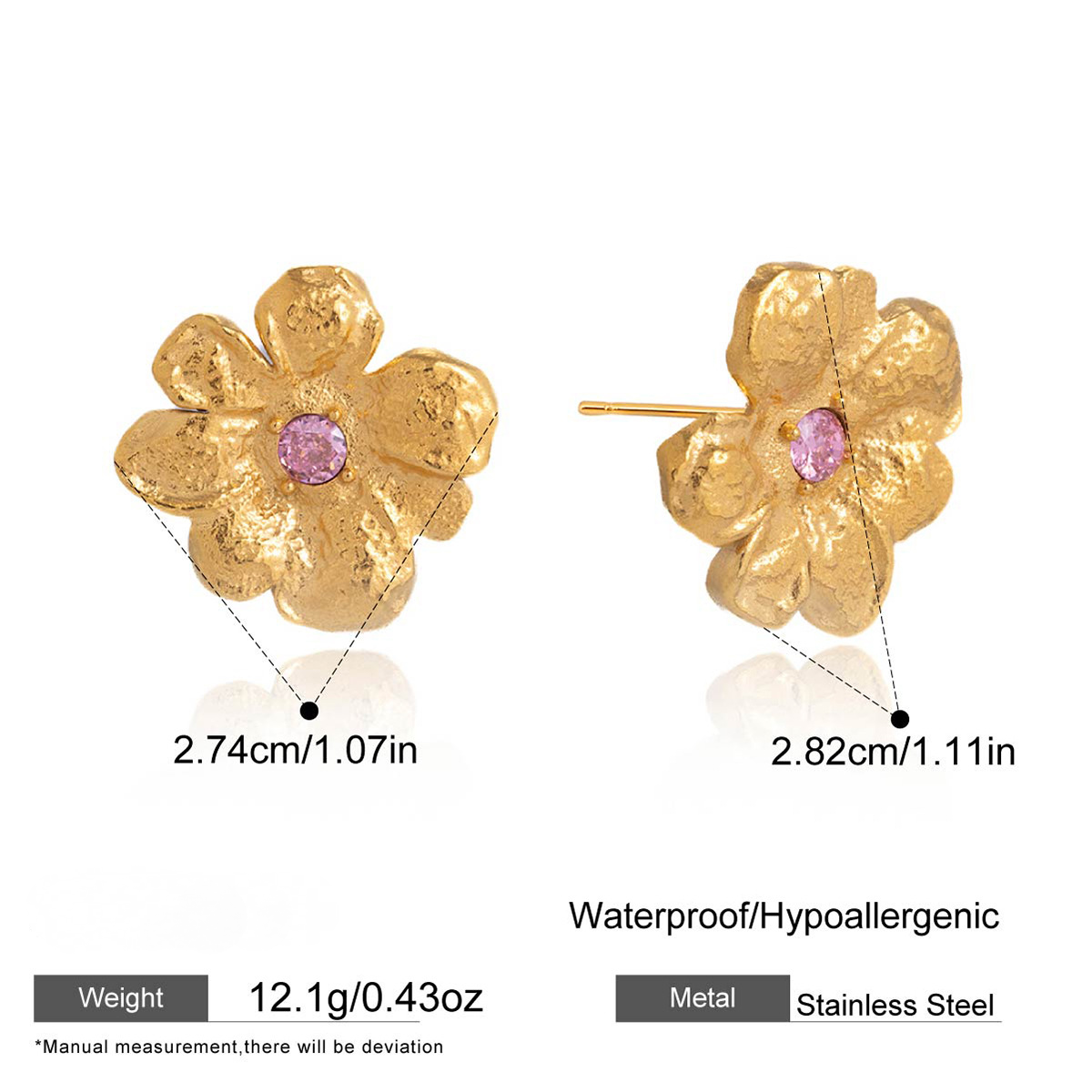 Stainless Steel Pink Cubic Zirconia Flower Stud Earrings