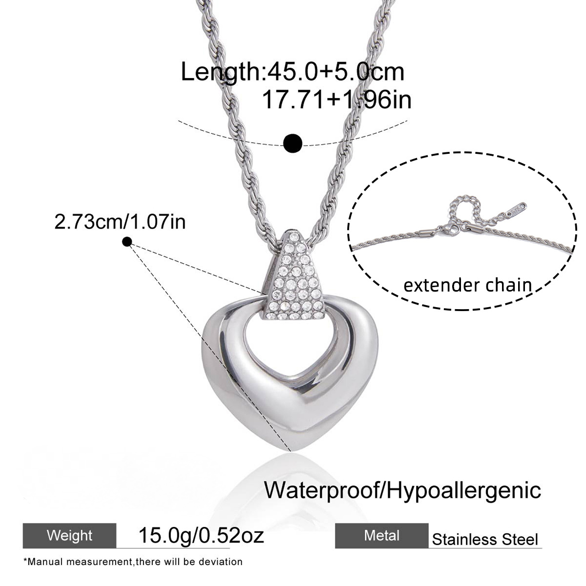 Stainless Steel Heart-shaped Pendant Rope Chain Necklace