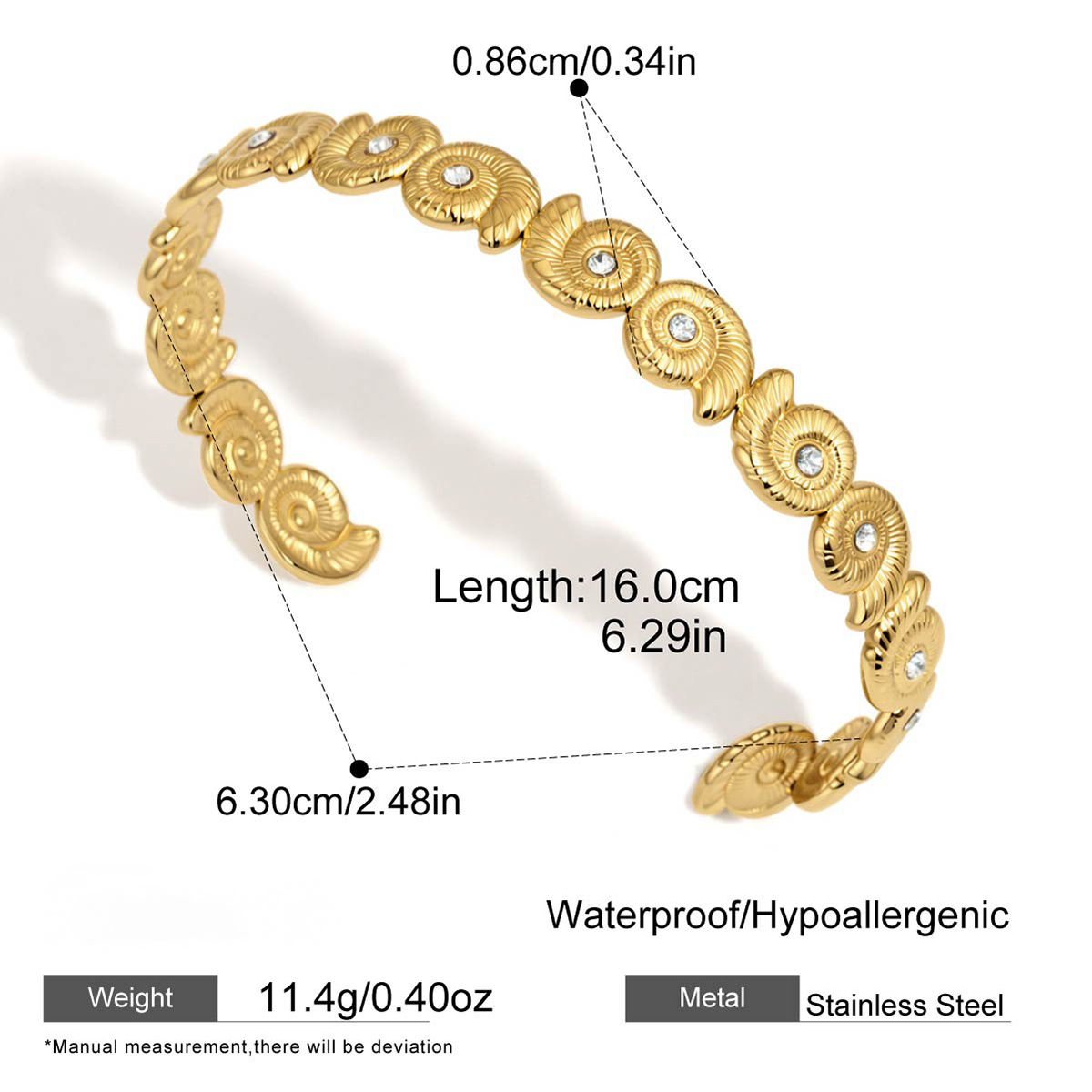 Stainless Steel White Cubic Zirconia Conch Spiral Cuff Bracelet