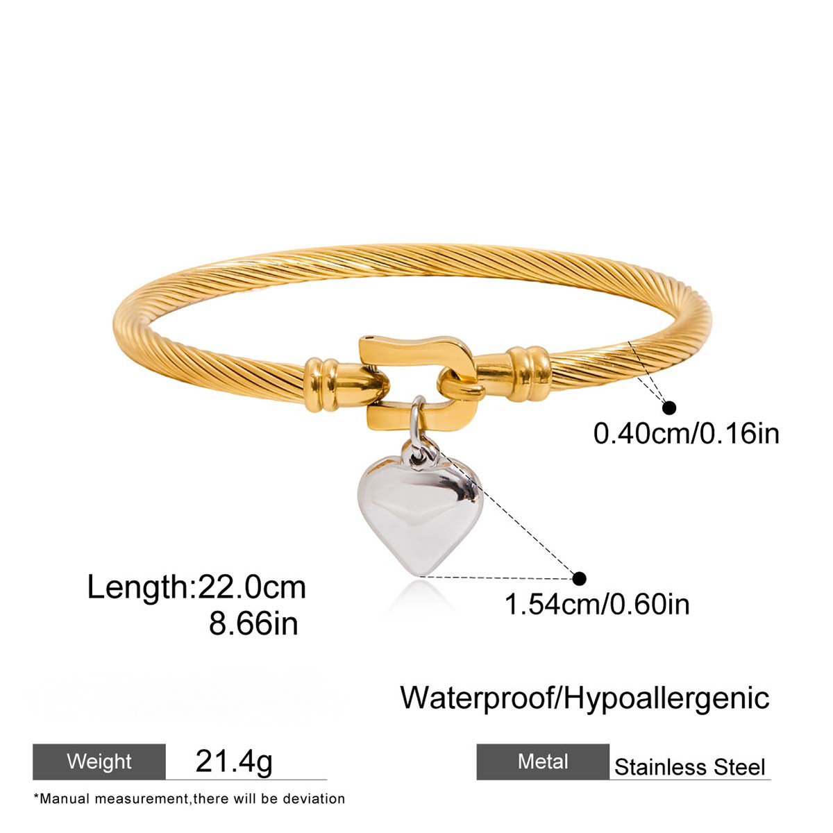 18K Gold PVD Stainless Steel Heart Pendant Bangle