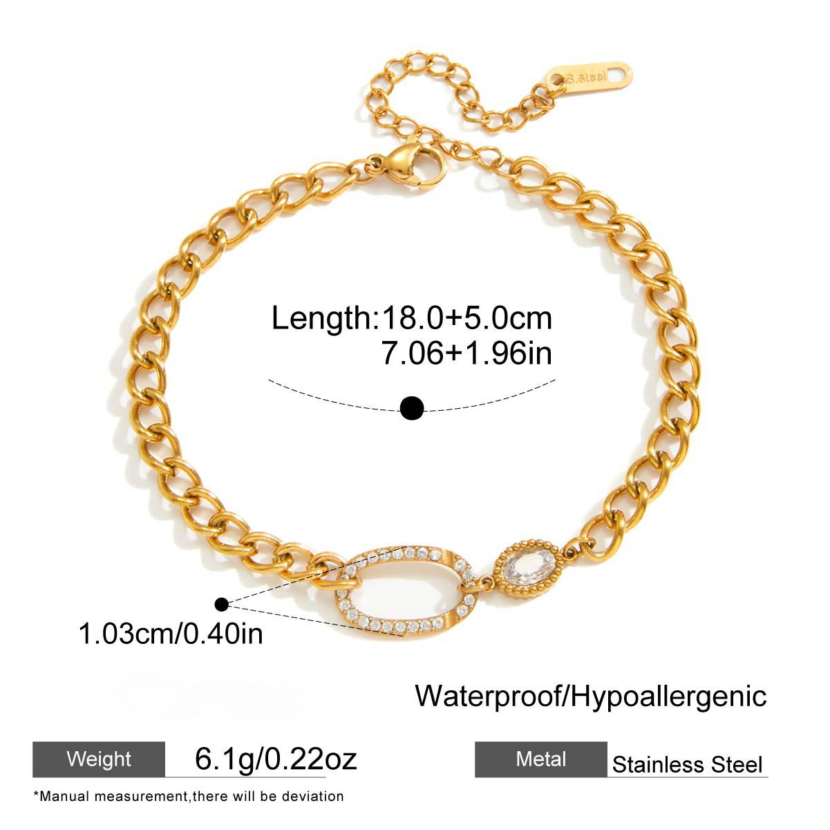 Stainless Steel O-shaped Hollow Egg Shaped CZ Cuban Chain Bracelet