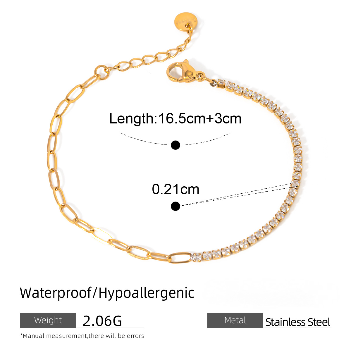 Stainless Steel Rhinestone Splicing Paperclip Chain Bracelet