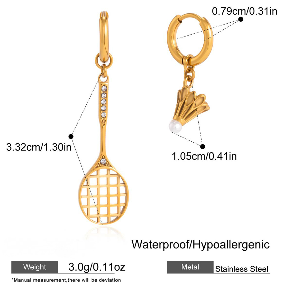 Stainless Steel Glass Pearl Badminton Pendant Huggie Earrings