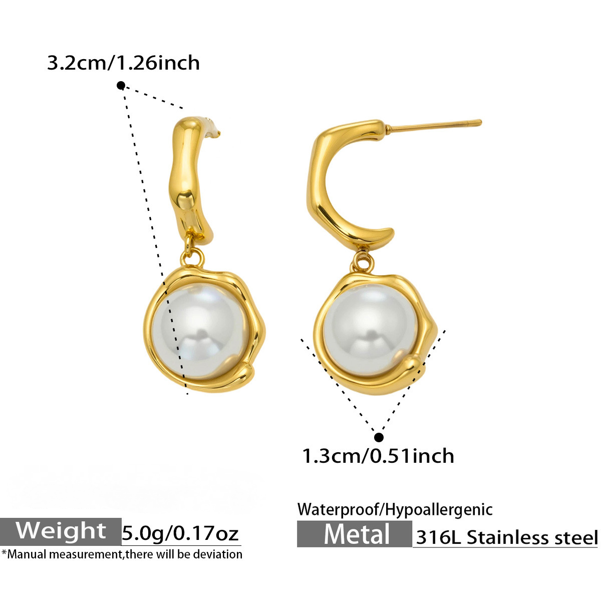 Stainless Steel Pearl Pendant C-shaped Stud Earrings