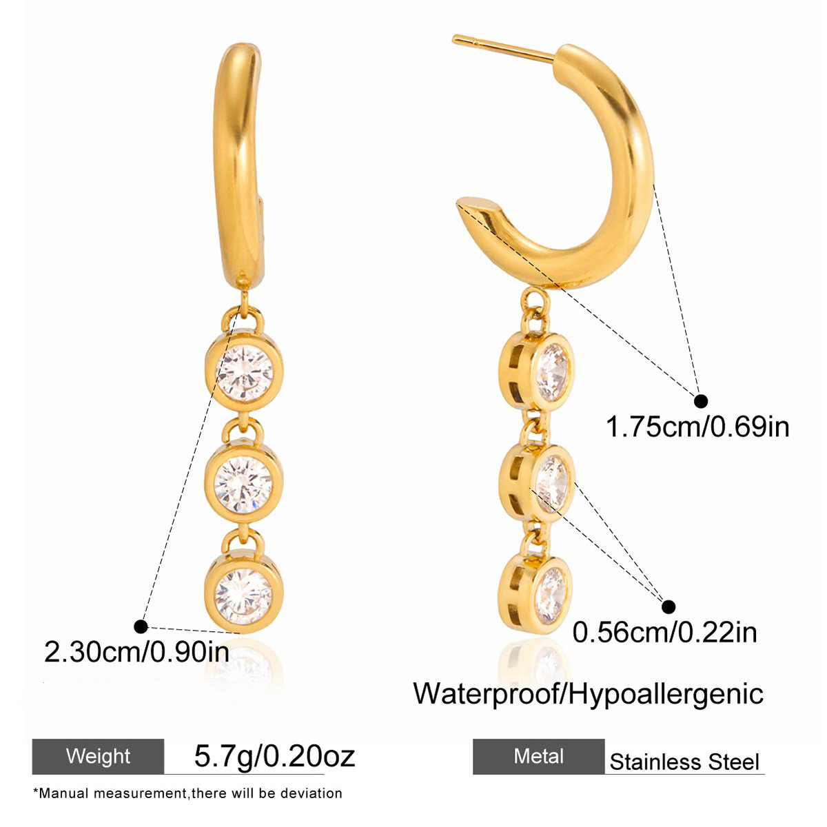 Stainless Steel Cubic Zirconia Tassel C-shaped Stud Earrings
