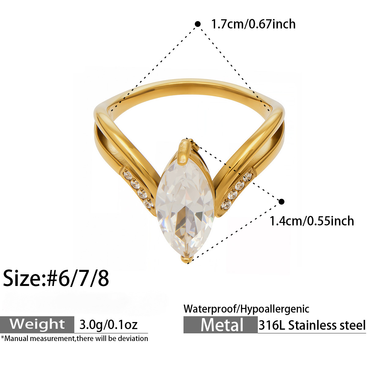 Stainless Steel 18K Gold PVD Cubic Zirconia Ring