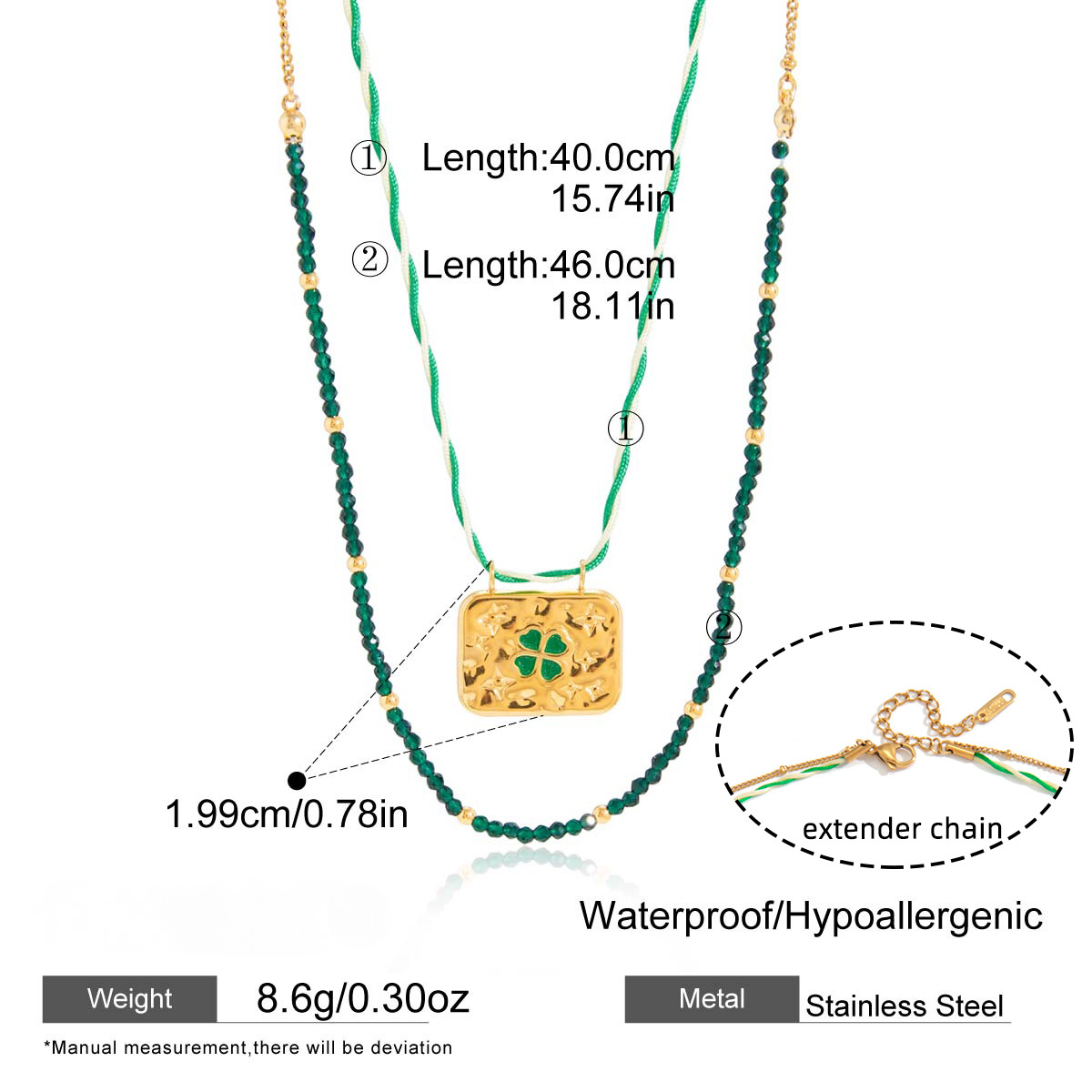 Stainless Steel Green Enamel CZ Four-leaf Clover Square Necklace