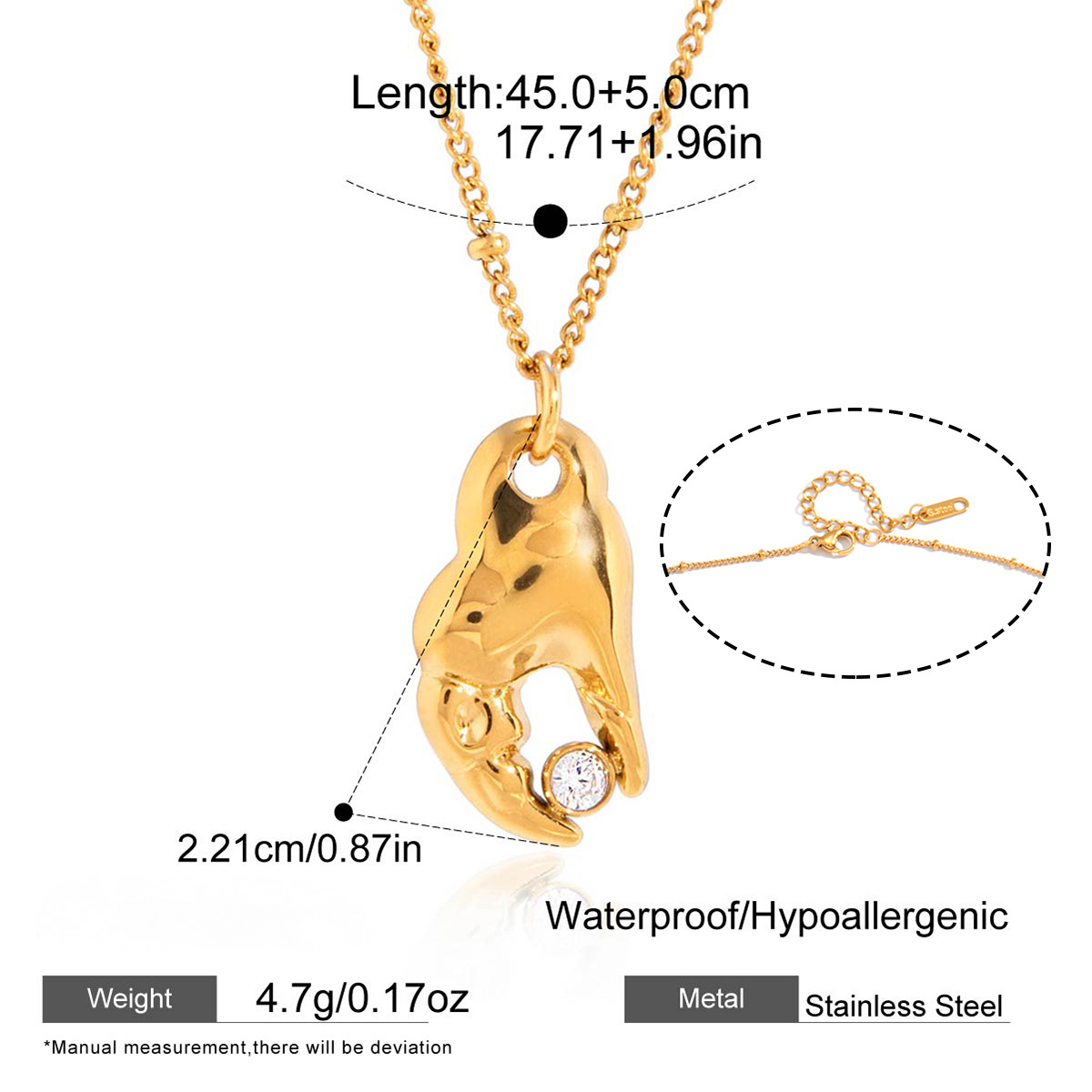 Stainless Steel White CZ Crab Claw Pendant Necklace Earrings Jewelry Set