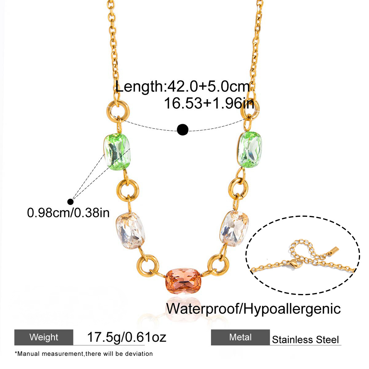 Stainless Steel Rainbow Rhinestone Cable Chain Necklace