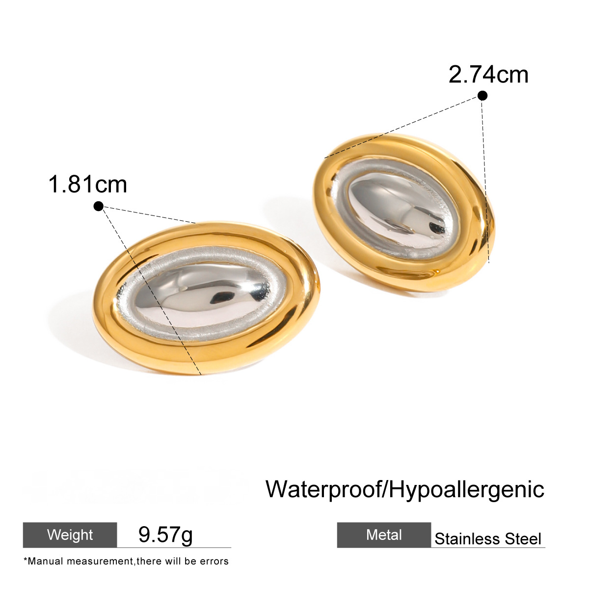 Stainless Steel Gold and Steel Two-Tone Oval Stud Earrings