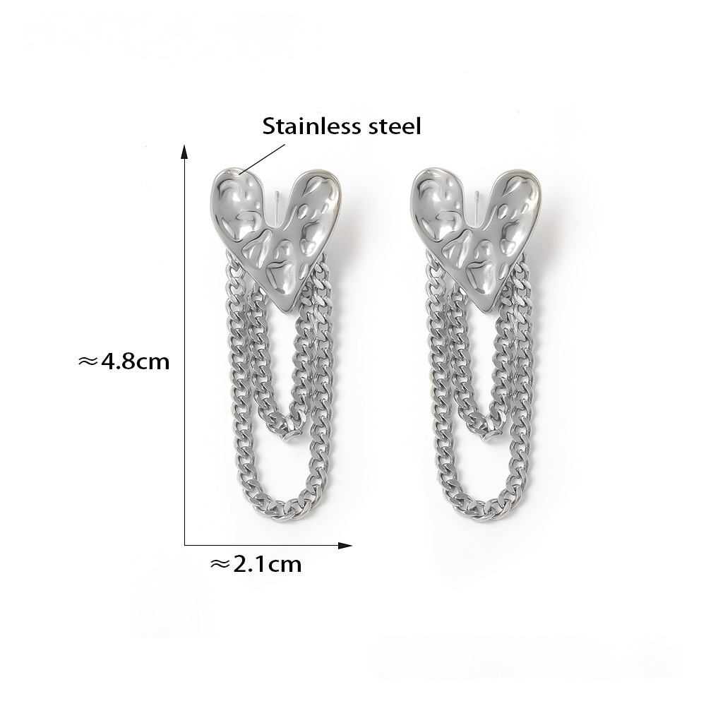 Stainless Steel Textured Heart Chain Tassel Drop Earrings