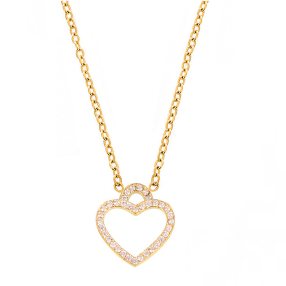 Stainless Steel Peach Heart with Outer Hole Inlay Cubic Zirconia Necklace