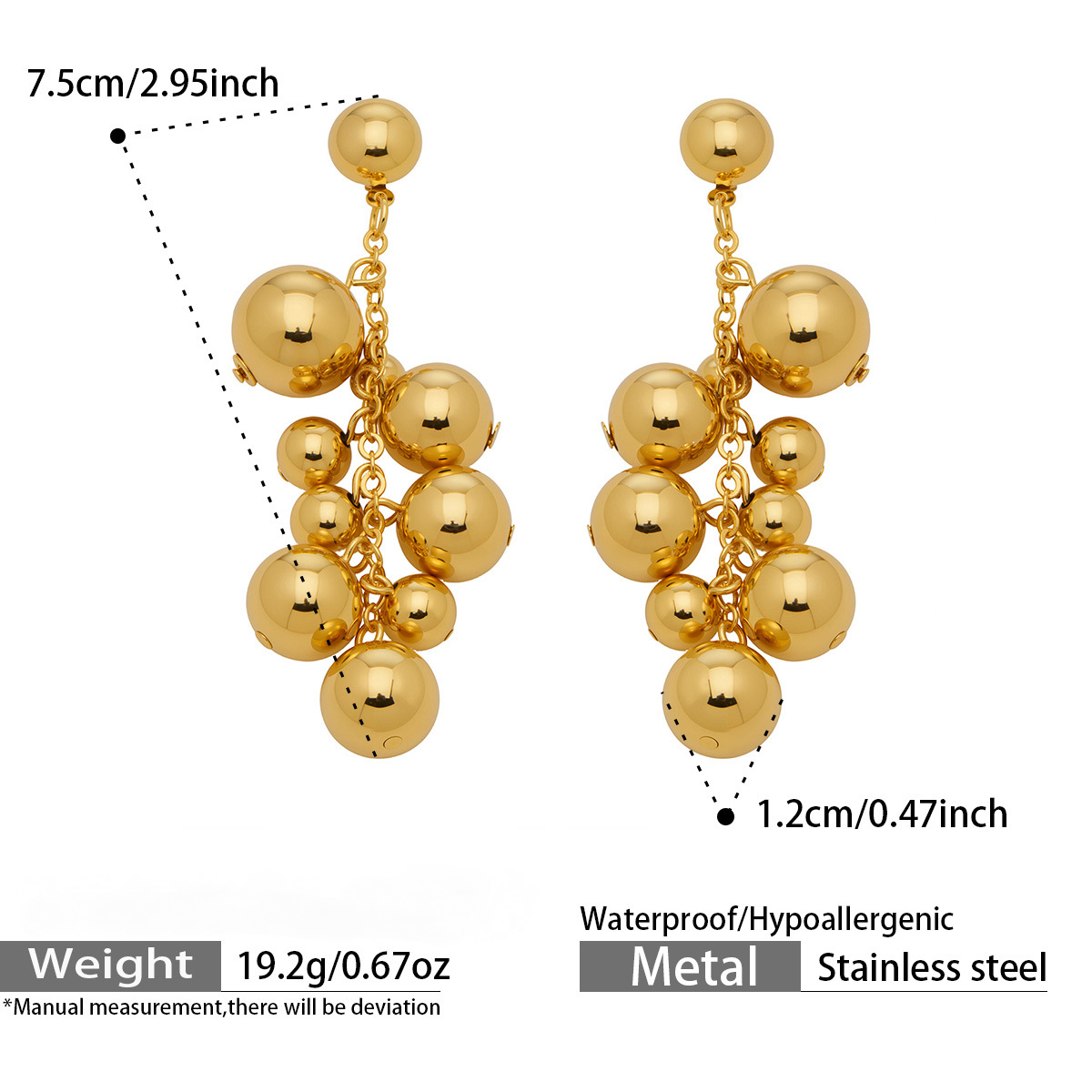 Stainless Steel 18K Gold PVD Bead Pendant Stud Earrings