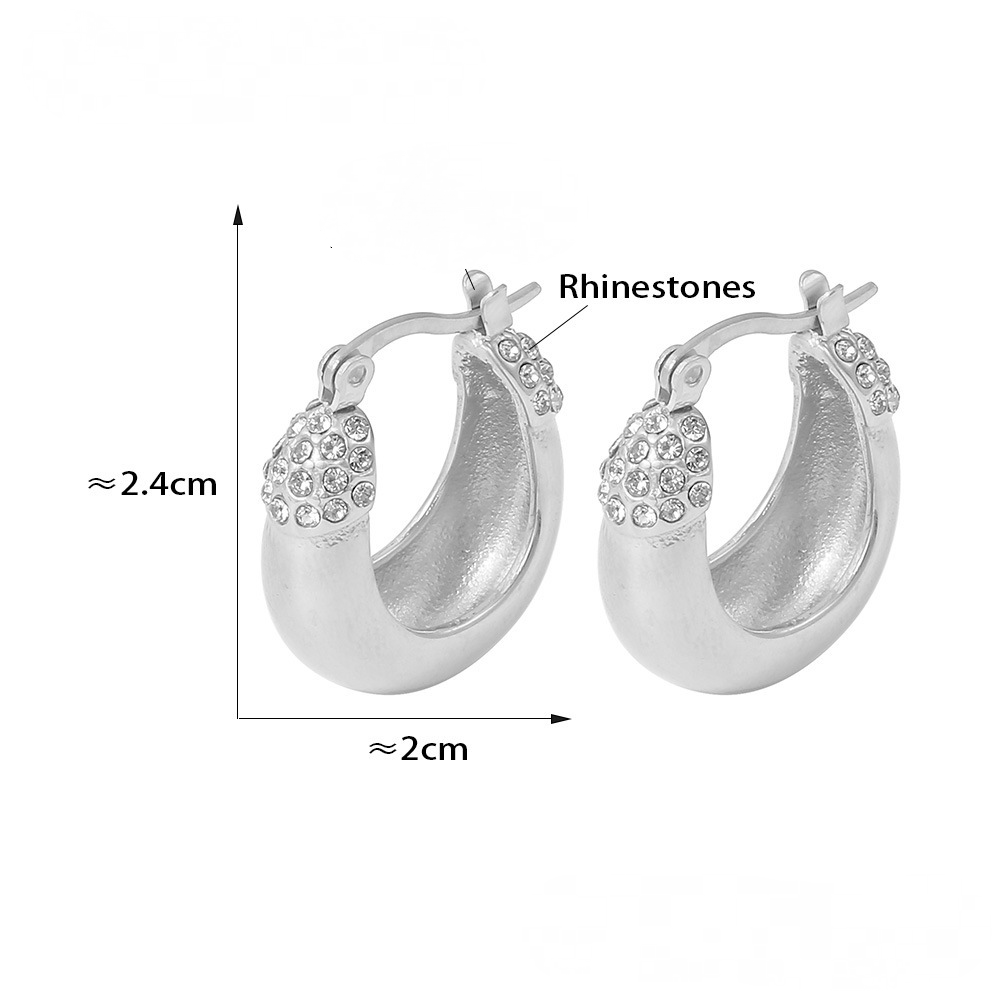 Vintage Stainless Steel Inlay Rhinestones Hoop Earrings