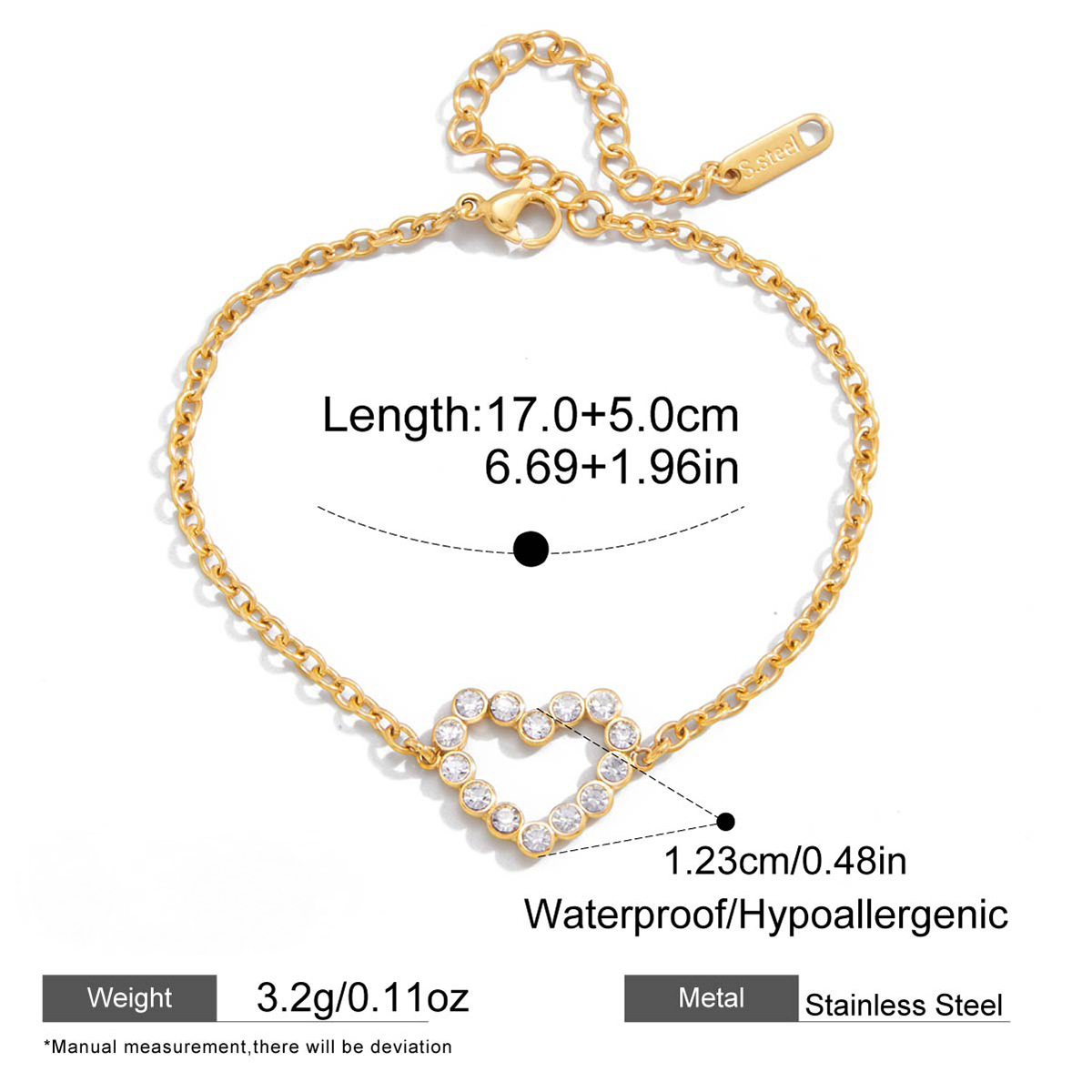 Stainless Steel Rhinestone Heart Valentine's Day Bracelet