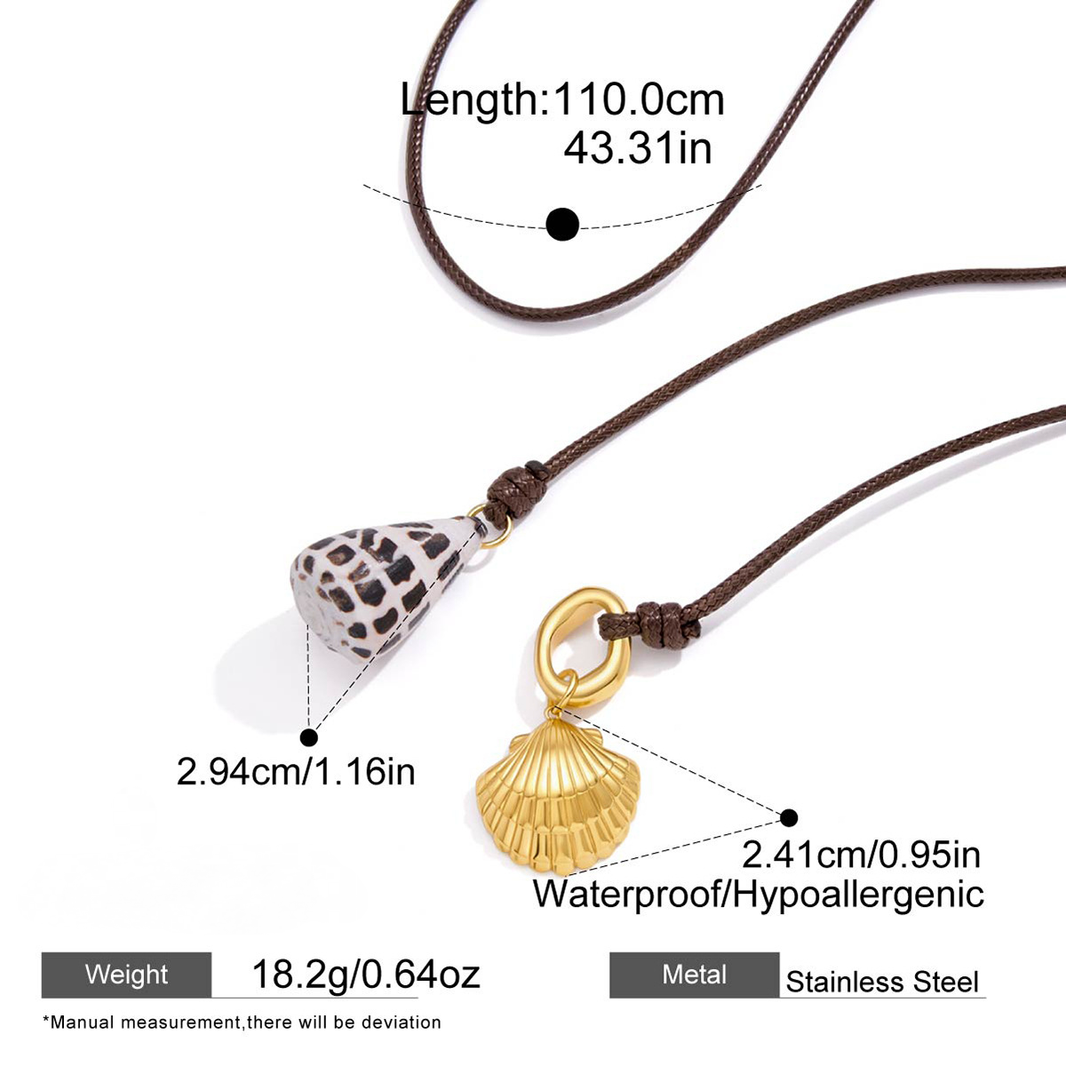 Stainless Steel Brown Wax Rope Shell Pendant Necklace