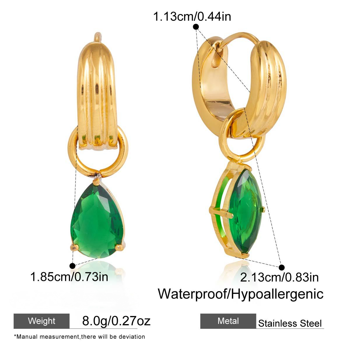 Stainless Steel Green Cubic Zirconia Huggie Earrings