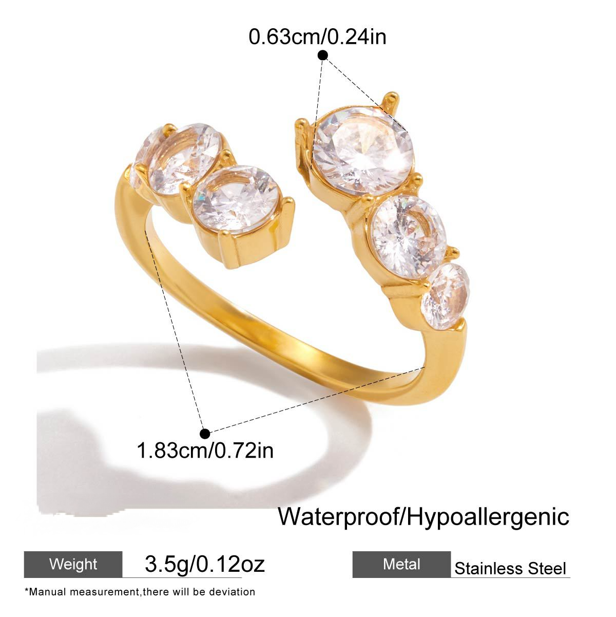 Stainless Steel White Cubic Zirconia Adjustable Open Ring
